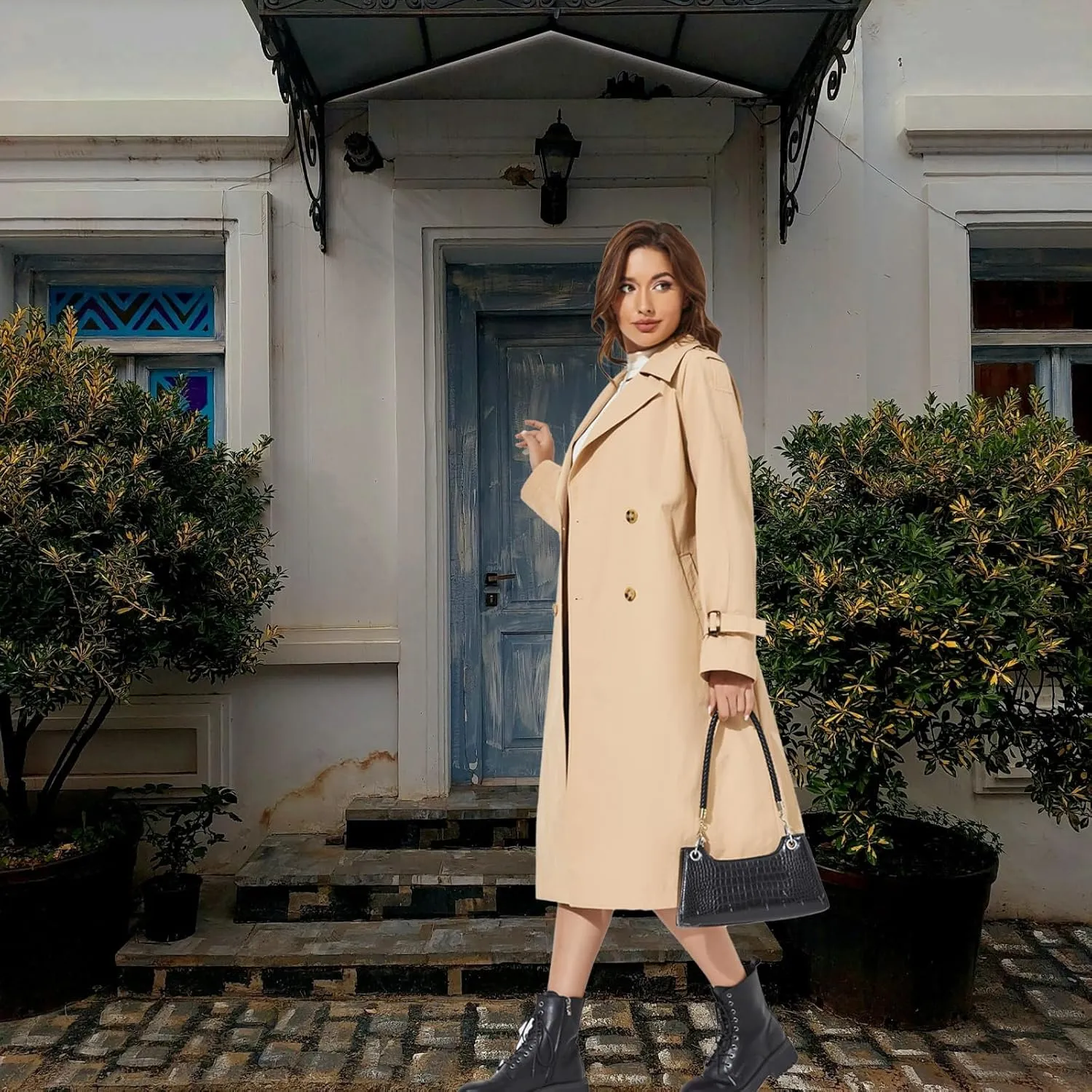 Women's Double Breasted Long Trench Coat Windproof Classic Lapel | Side Pocket Thin Coat With Belt.