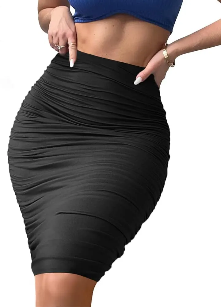 Women's Elastic High Waist Ruched Bodycon Stretch Elegant Pencil Midi Skirt