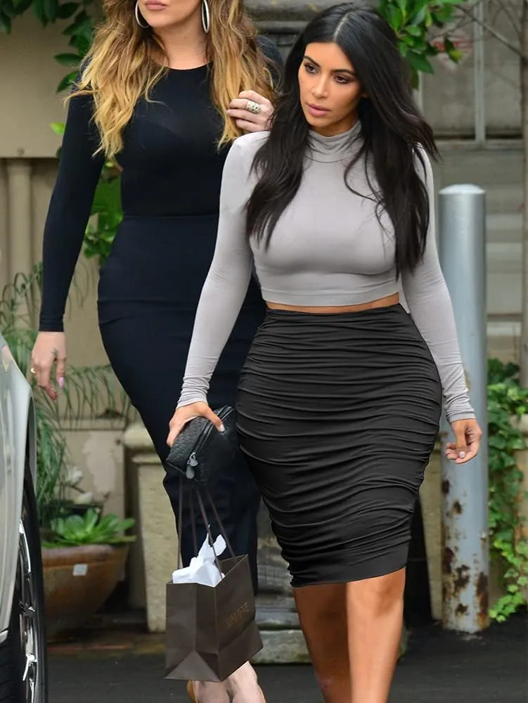 Women's Elastic High Waist Ruched Bodycon Stretch Elegant Pencil Midi Skirt