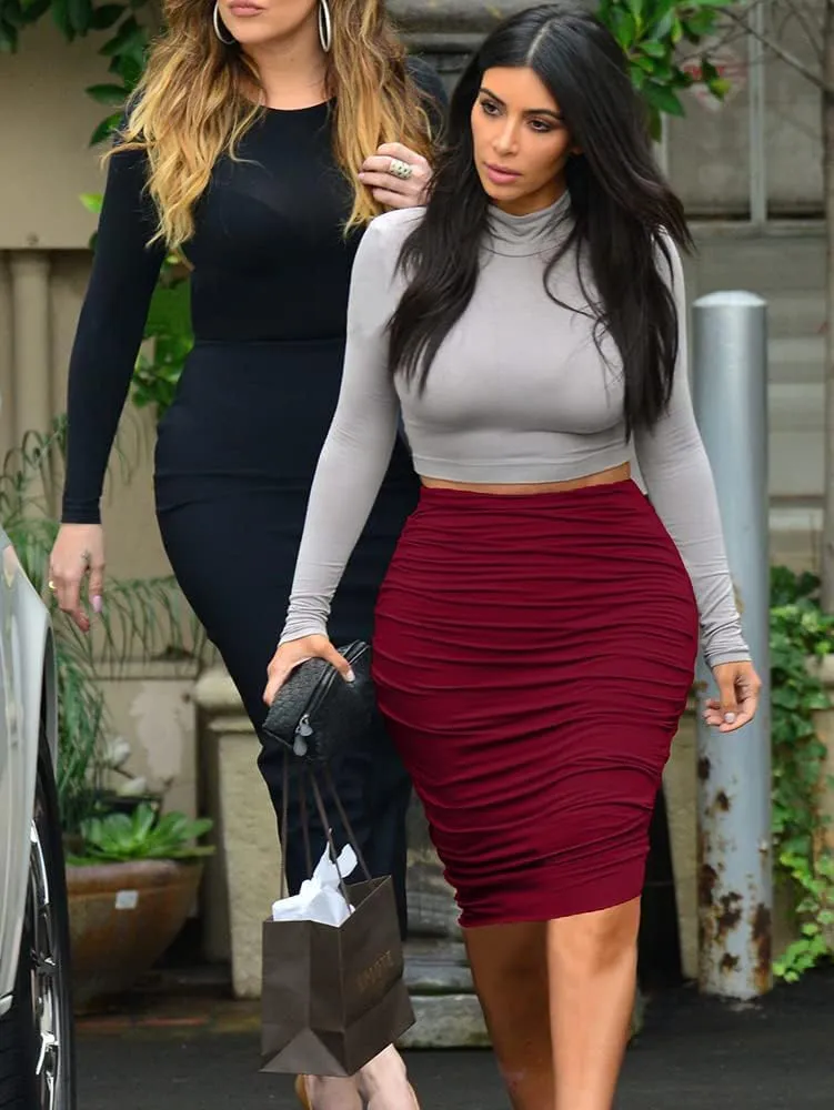 Women's Elastic High Waist Ruched Bodycon Stretch Elegant Pencil Midi Skirt