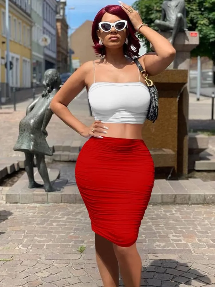 Women's Elastic High Waist Ruched Bodycon Stretch Elegant Pencil Midi Skirt