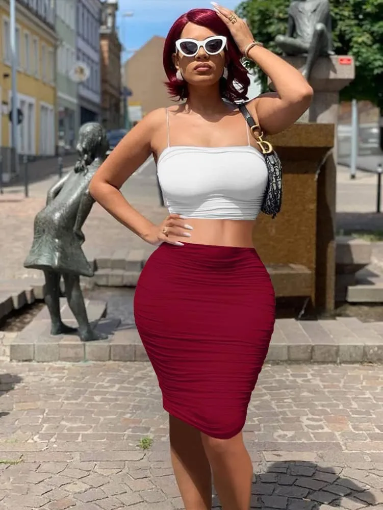 Women's Elastic High Waist Ruched Bodycon Stretch Elegant Pencil Midi Skirt