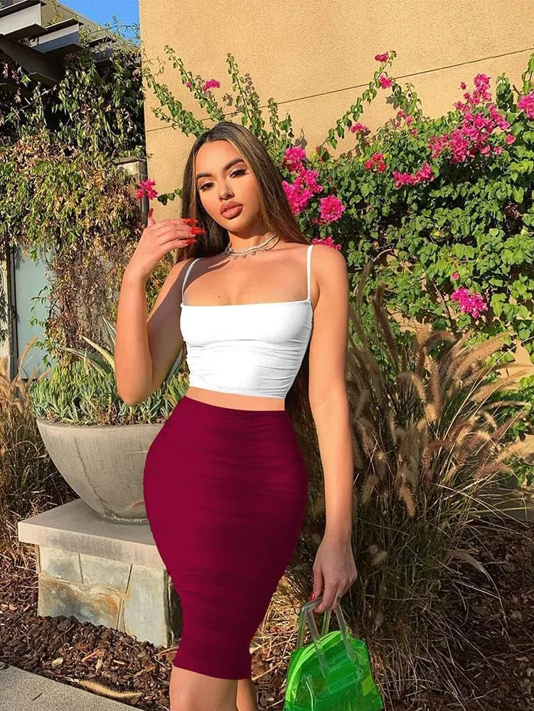 Women's Elastic High Waist Ruched Bodycon Stretch Elegant Pencil Midi Skirt