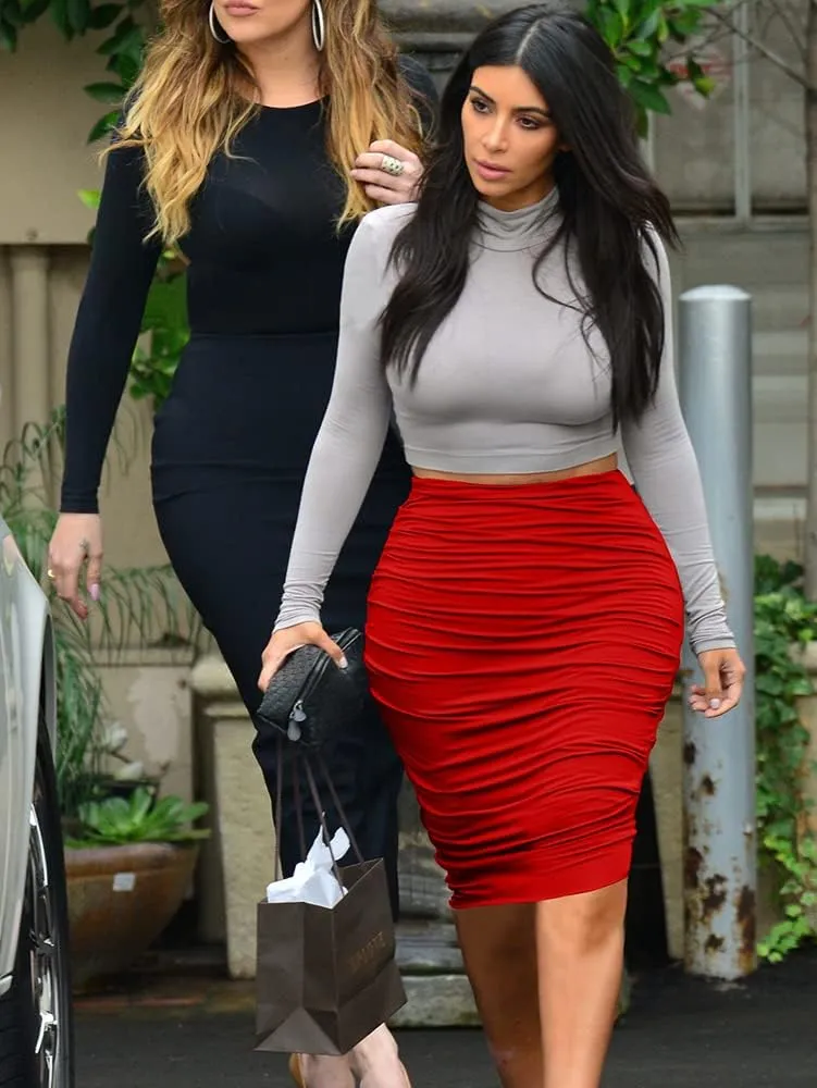 Women's Elastic High Waist Ruched Bodycon Stretch Elegant Pencil Midi Skirt