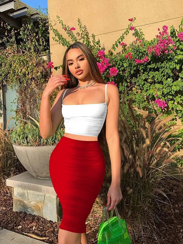 Women's Elastic High Waist Ruched Bodycon Stretch Elegant Pencil Midi Skirt