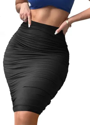 Women's Elastic High Waist Ruched Bodycon Stretch Elegant Pencil Midi Skirt