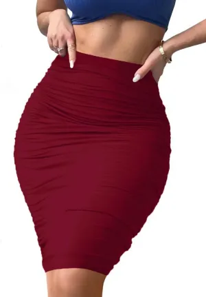 Women's Elastic High Waist Ruched Bodycon Stretch Elegant Pencil Midi Skirt