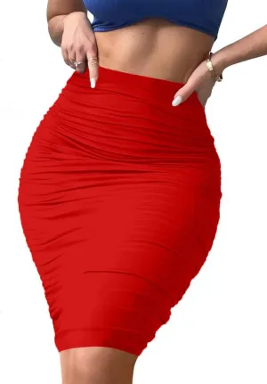 Women's Elastic High Waist Ruched Bodycon Stretch Elegant Pencil Midi Skirt