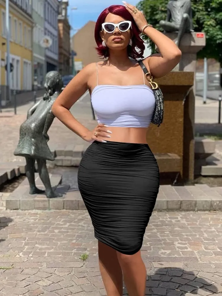Women's Elastic High Waist Ruched Bodycon Stretch Elegant Pencil Midi Skirt