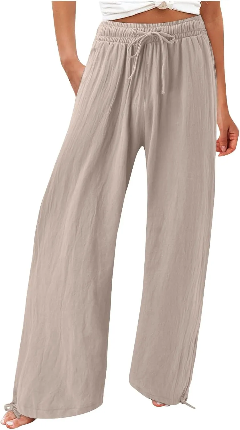 Womens Elastic High Waisted Palazzo Pants 2024 Summer Trendy Casual Wide Leg Pant Long Lounge Trousers with Pocket