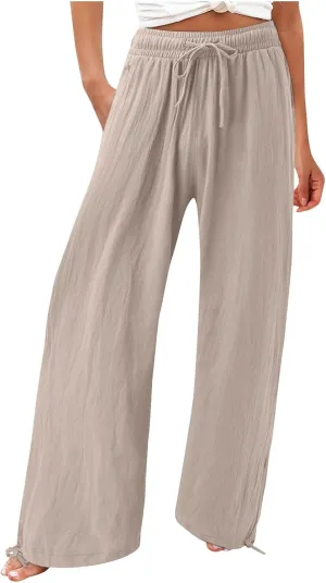 Womens Elastic High Waisted Palazzo Pants 2024 Summer Trendy Casual Wide Leg Pant Long Lounge Trousers with Pocket
