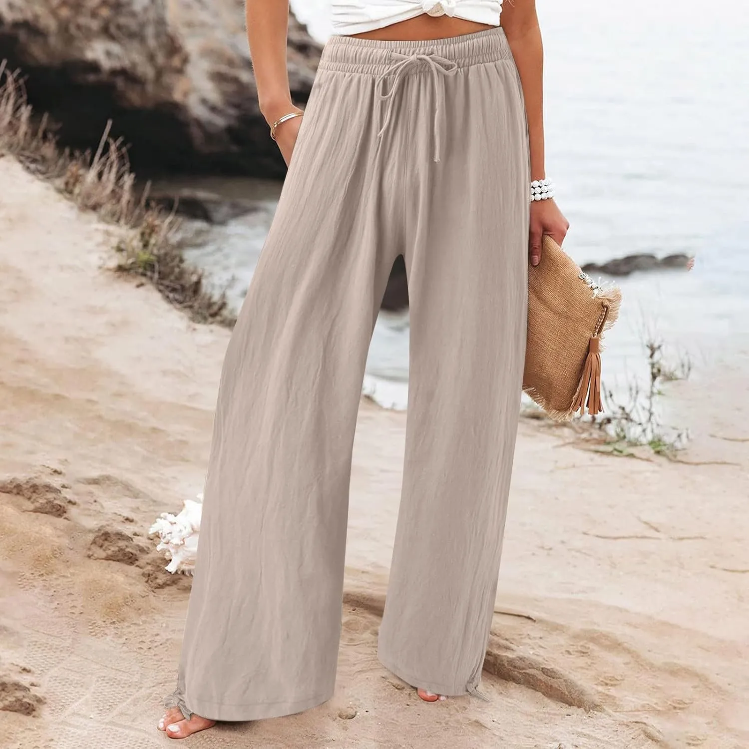 Womens Elastic High Waisted Palazzo Pants 2024 Summer Trendy Casual Wide Leg Pant Long Lounge Trousers with Pocket