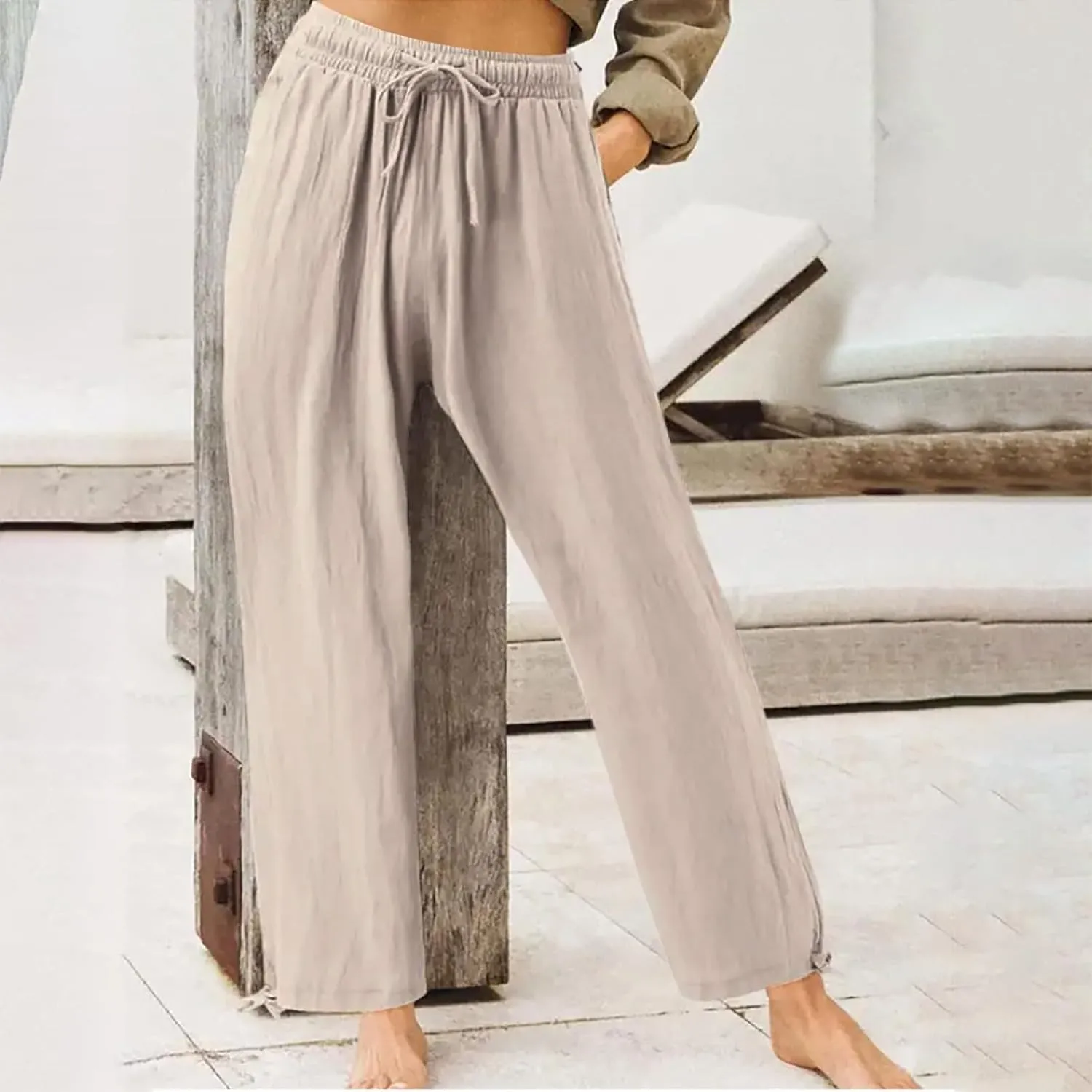 Womens Elastic High Waisted Palazzo Pants 2024 Summer Trendy Casual Wide Leg Pant Long Lounge Trousers with Pocket
