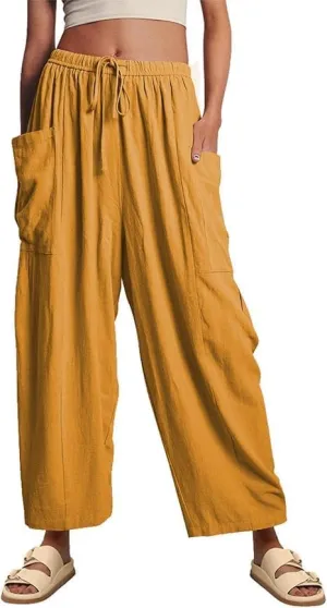 Women's Elastic Pleated High Waisted Wide Leg Pants Loose Casual Cotton Linen Long Lounge Trouser Palazzo Pant