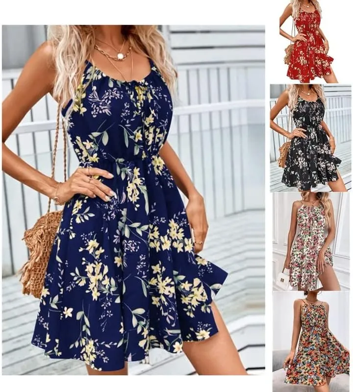Women's Elegant Sleeveless Halter Skirts, 2025 Summer Fashion Stylish Dress, Print and Elastic Waist Sundress