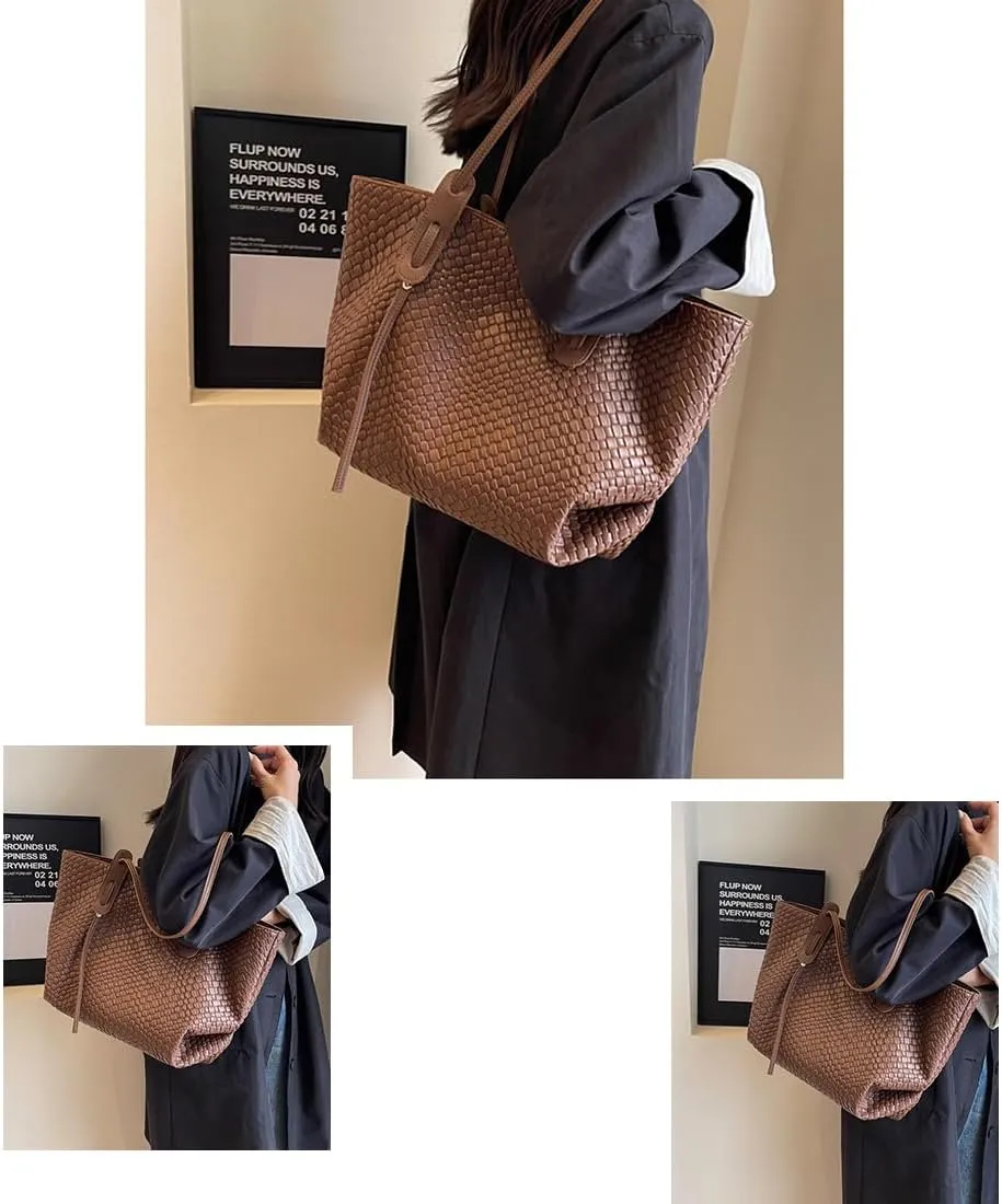 Womens Fashion Luxury Large Leather Woven Leather Tote Handbag Shoulder Bag Women Top Handle Satchel Handbag Work