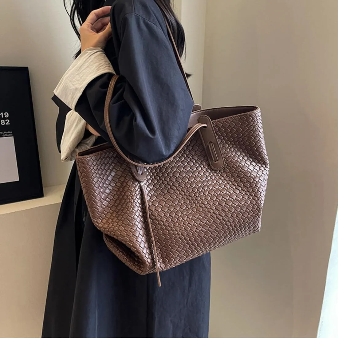 Womens Fashion Luxury Large Leather Woven Leather Tote Handbag Shoulder Bag Women Top Handle Satchel Handbag Work