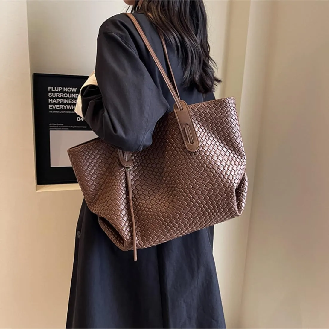 Womens Fashion Luxury Large Leather Woven Leather Tote Handbag Shoulder Bag Women Top Handle Satchel Handbag Work