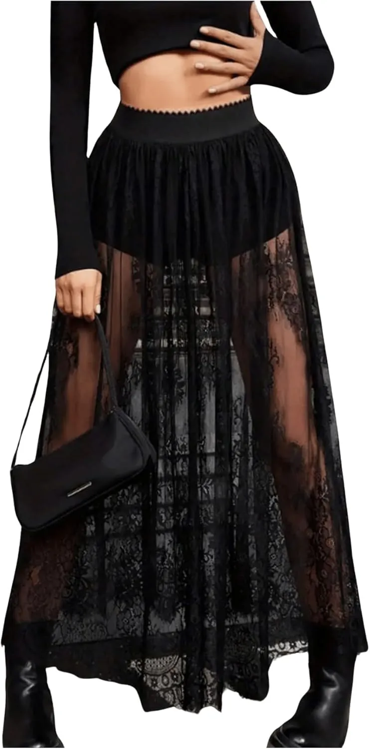 Women's Floral Lace Maxi Skirt Mesh Sheer High Elastic Waist Flowy Going Out Skirts with Underskirt