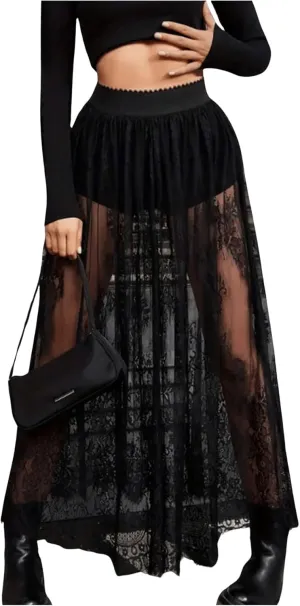 Women's Floral Lace Maxi Skirt Mesh Sheer High Elastic Waist Flowy Going Out Skirts with Underskirt