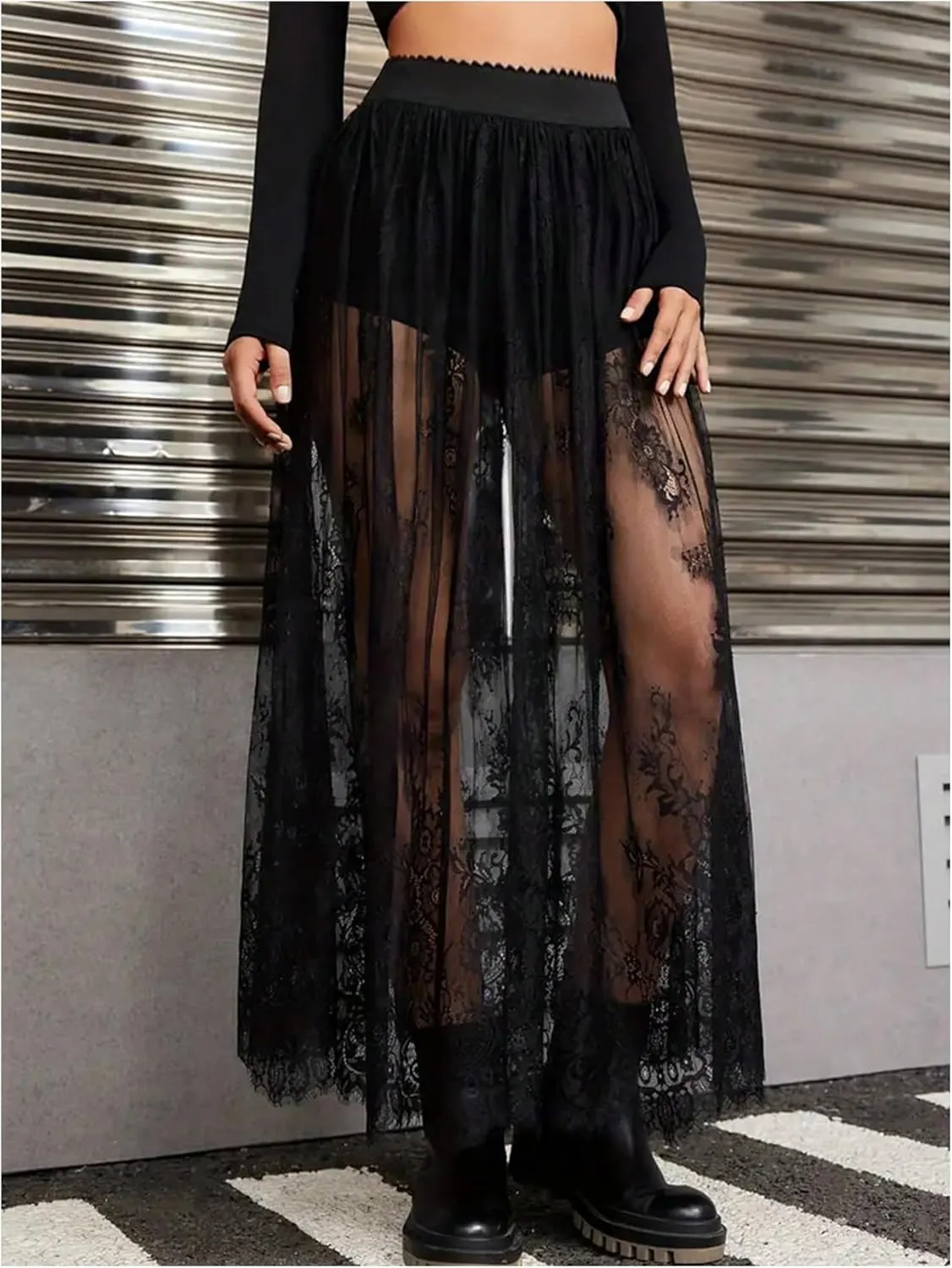 Women's Floral Lace Maxi Skirt Mesh Sheer High Elastic Waist Flowy Going Out Skirts with Underskirt