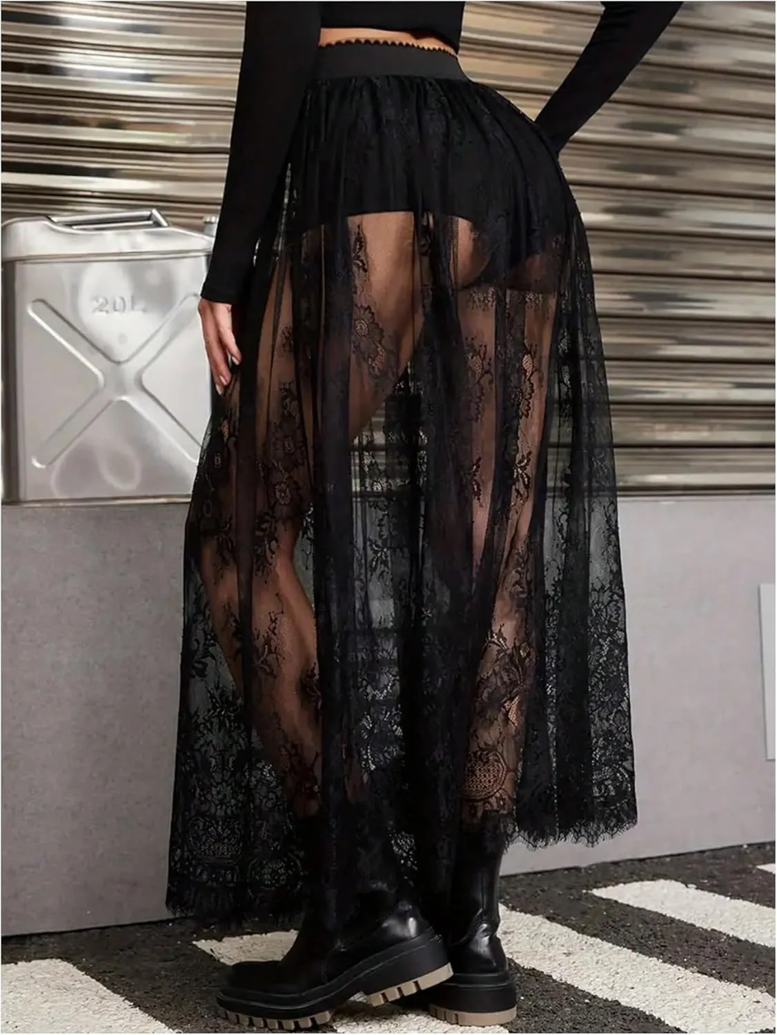 Women's Floral Lace Maxi Skirt Mesh Sheer High Elastic Waist Flowy Going Out Skirts with Underskirt