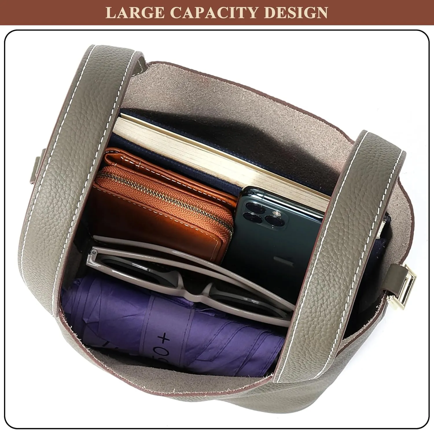 Women's Genuine Leather Soft Bucket Bags Stylish Lock Design Small Handbags Casual Satchel Ladies Daily Shoulder Bags