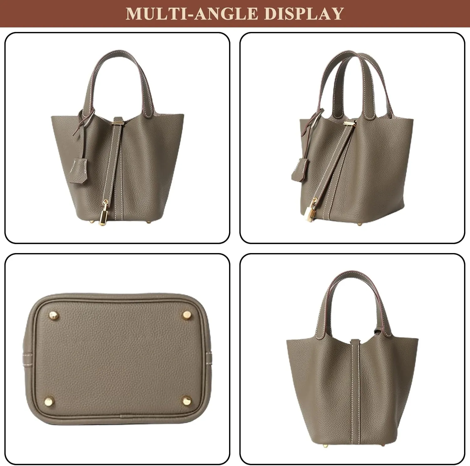 Women's Genuine Leather Soft Bucket Bags Stylish Lock Design Small Handbags Casual Satchel Ladies Daily Shoulder Bags