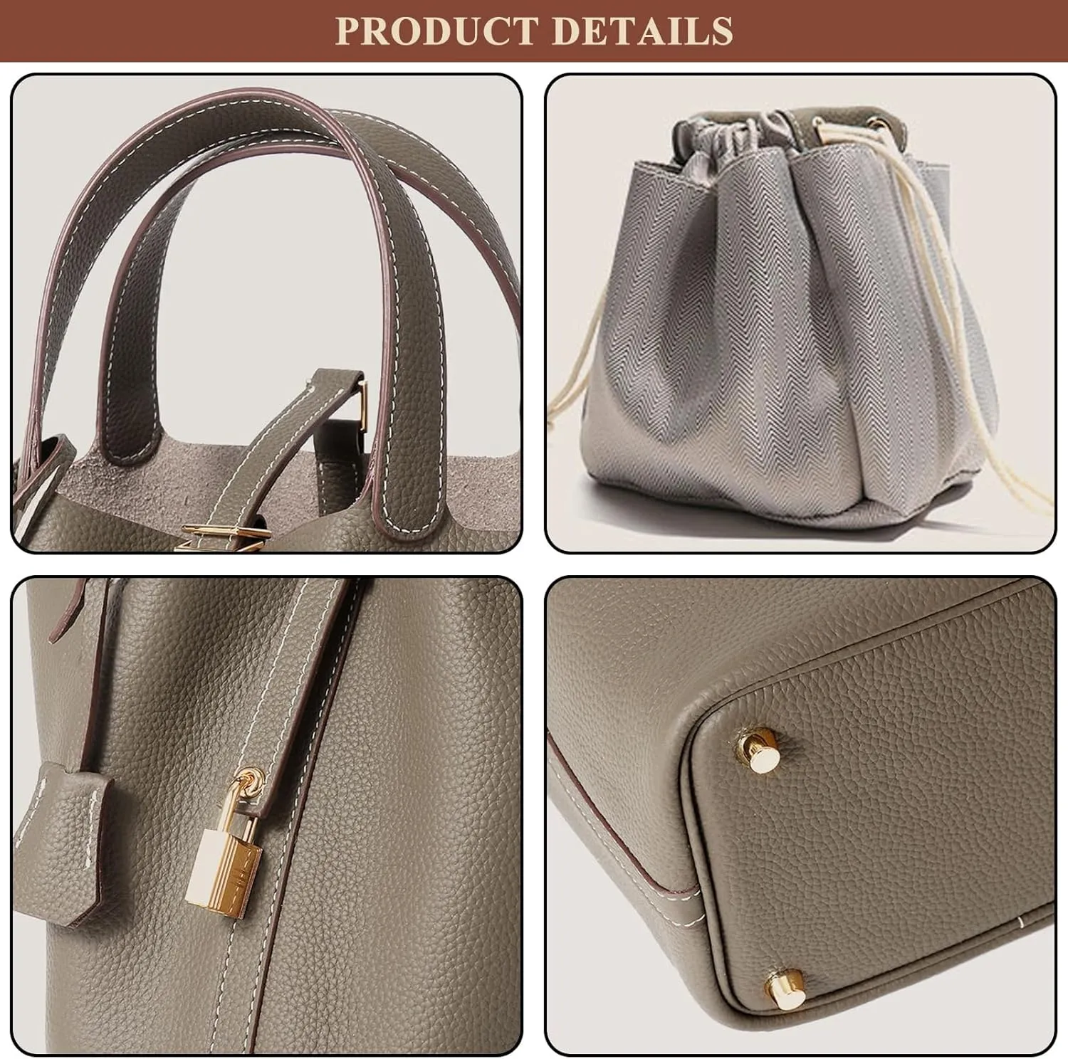 Women's Genuine Leather Soft Bucket Bags Stylish Lock Design Small Handbags Casual Satchel Ladies Daily Shoulder Bags