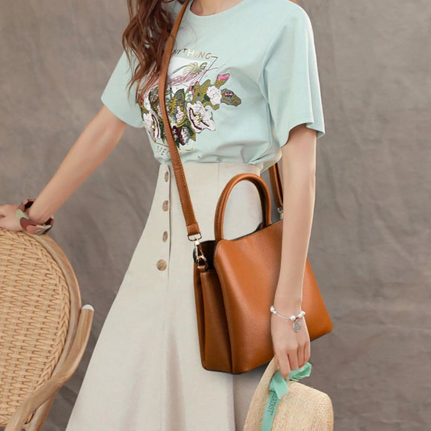 Women's Handbags Luxury Women Handbags Designer Shoulder Bags Leather Handbags Three-Layer Pocket Crossbody Bags for Women Tote Bag(Khaki)
