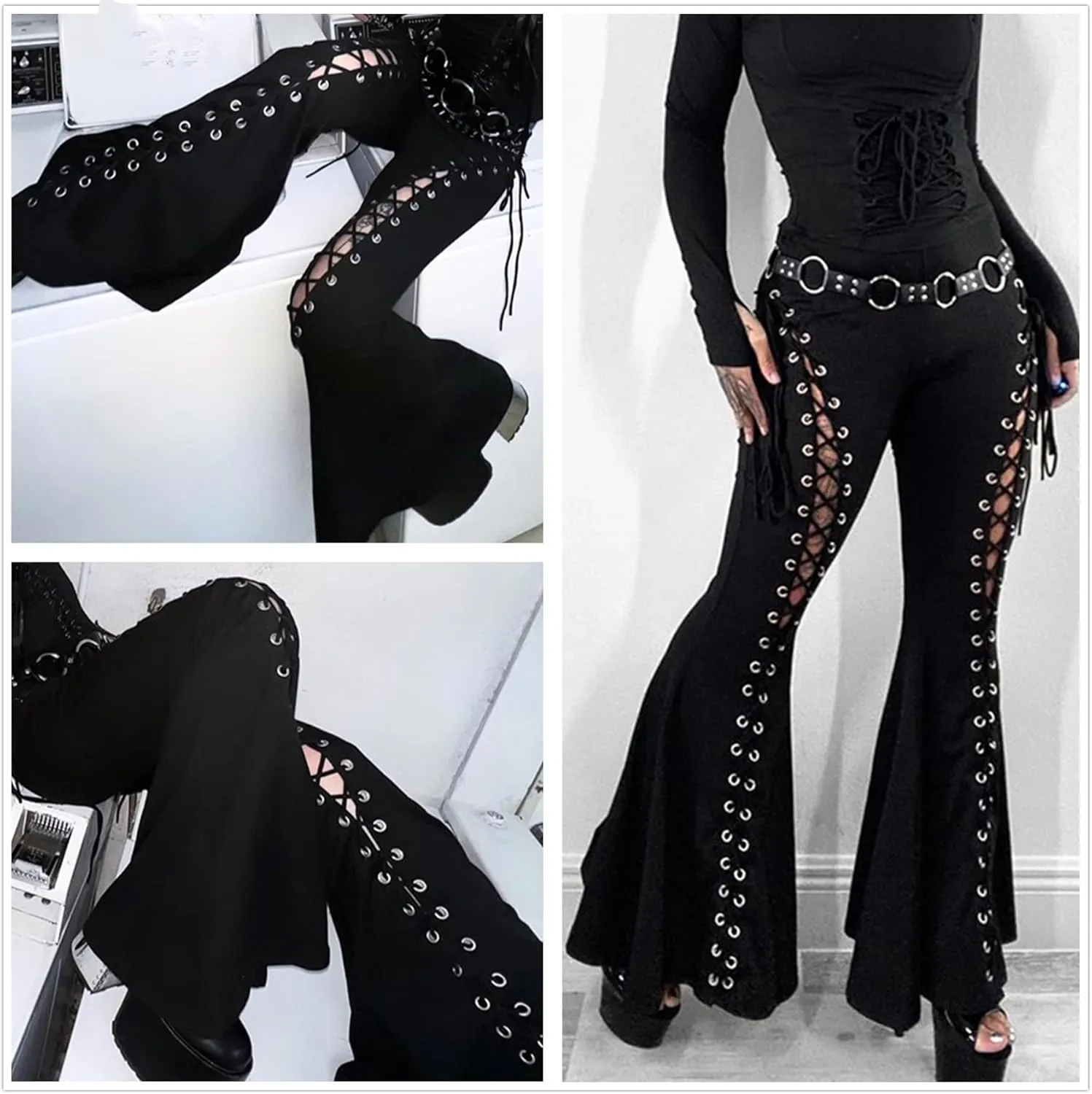 Women’s High Waist Rave Mesh Sheer Pants Flared Bell Bottom Pants for Rave Festival Dance Clubwear