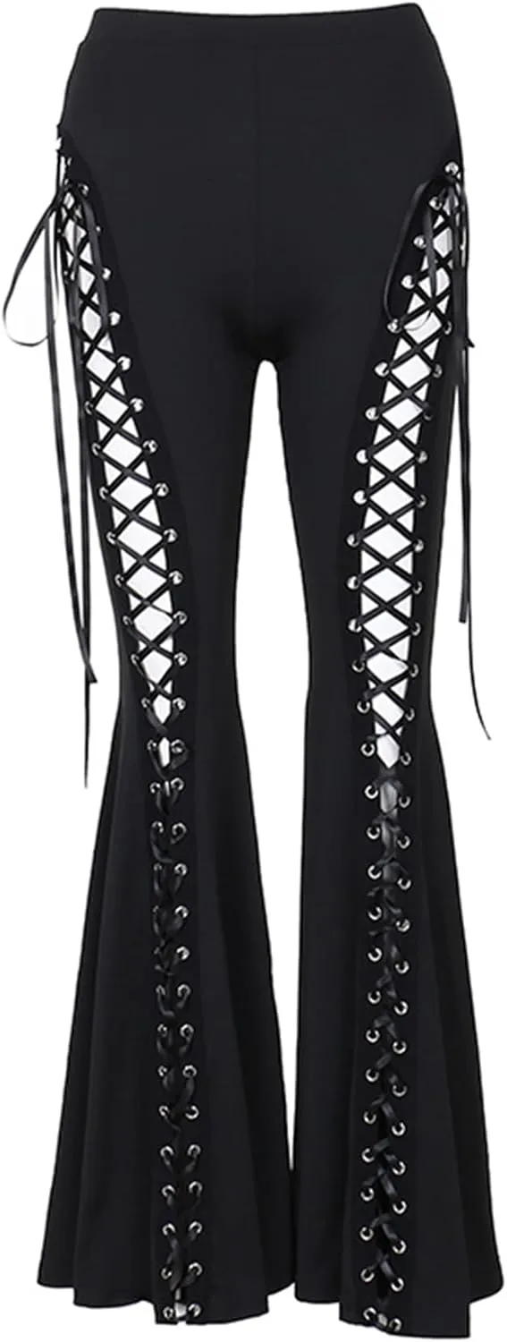 Women’s High Waist Rave Mesh Sheer Pants Flared Bell Bottom Pants for Rave Festival Dance Clubwear