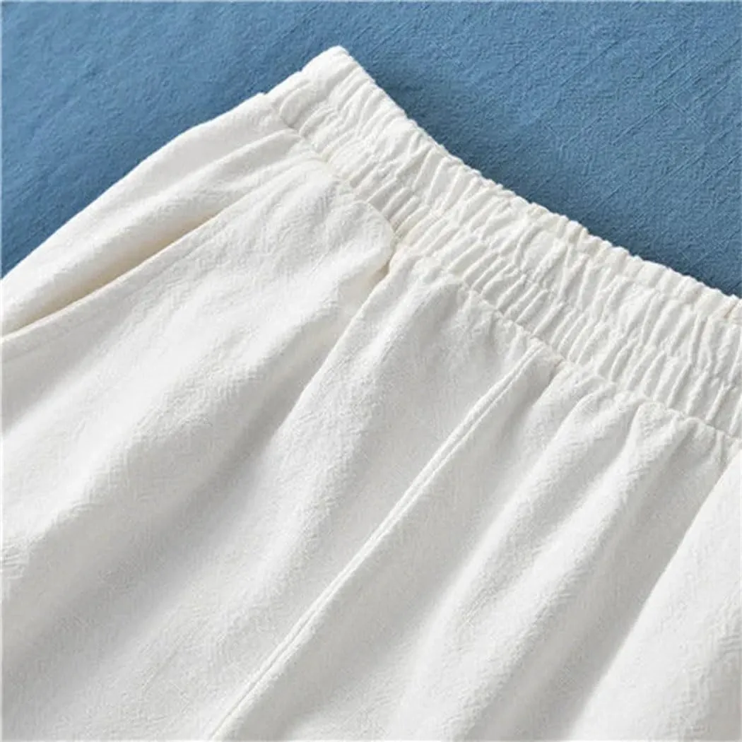 Womens Korean Cotton Linen Bloomers High Waist Wide Leg Casual Elastic Ankle-Length Pants