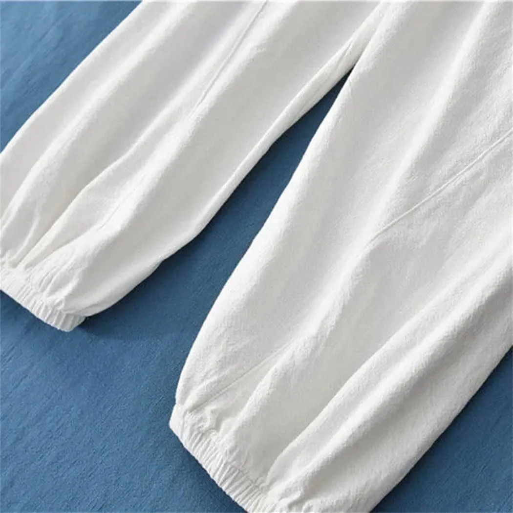 Womens Korean Cotton Linen Bloomers High Waist Wide Leg Casual Elastic Ankle-Length Pants