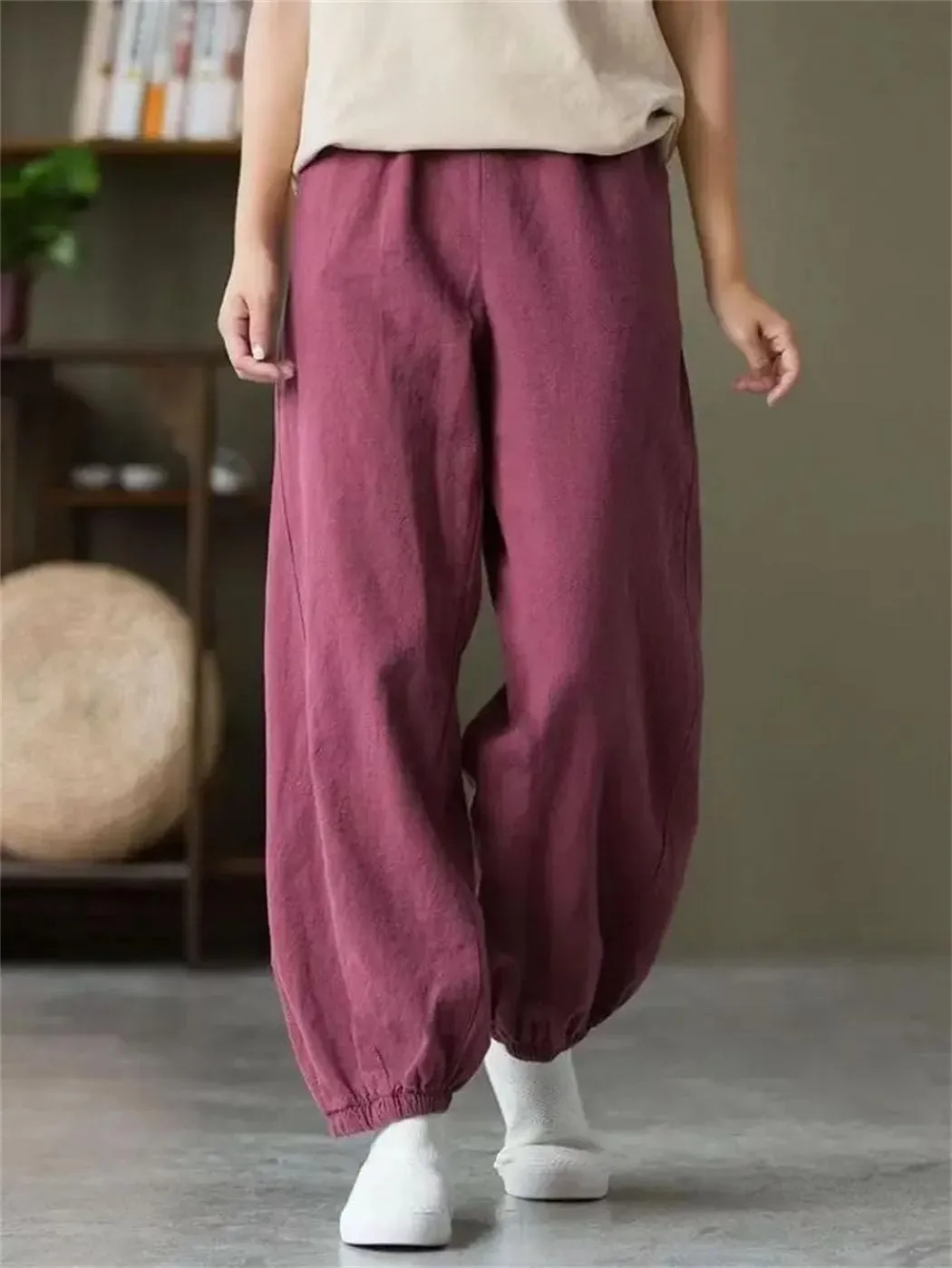 Womens Korean Cotton Linen Bloomers High Waist Wide Leg Casual Elastic Ankle-Length Pants