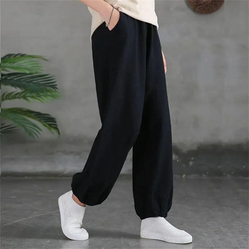 Womens Korean Cotton Linen Bloomers High Waist Wide Leg Casual Elastic Ankle-Length Pants