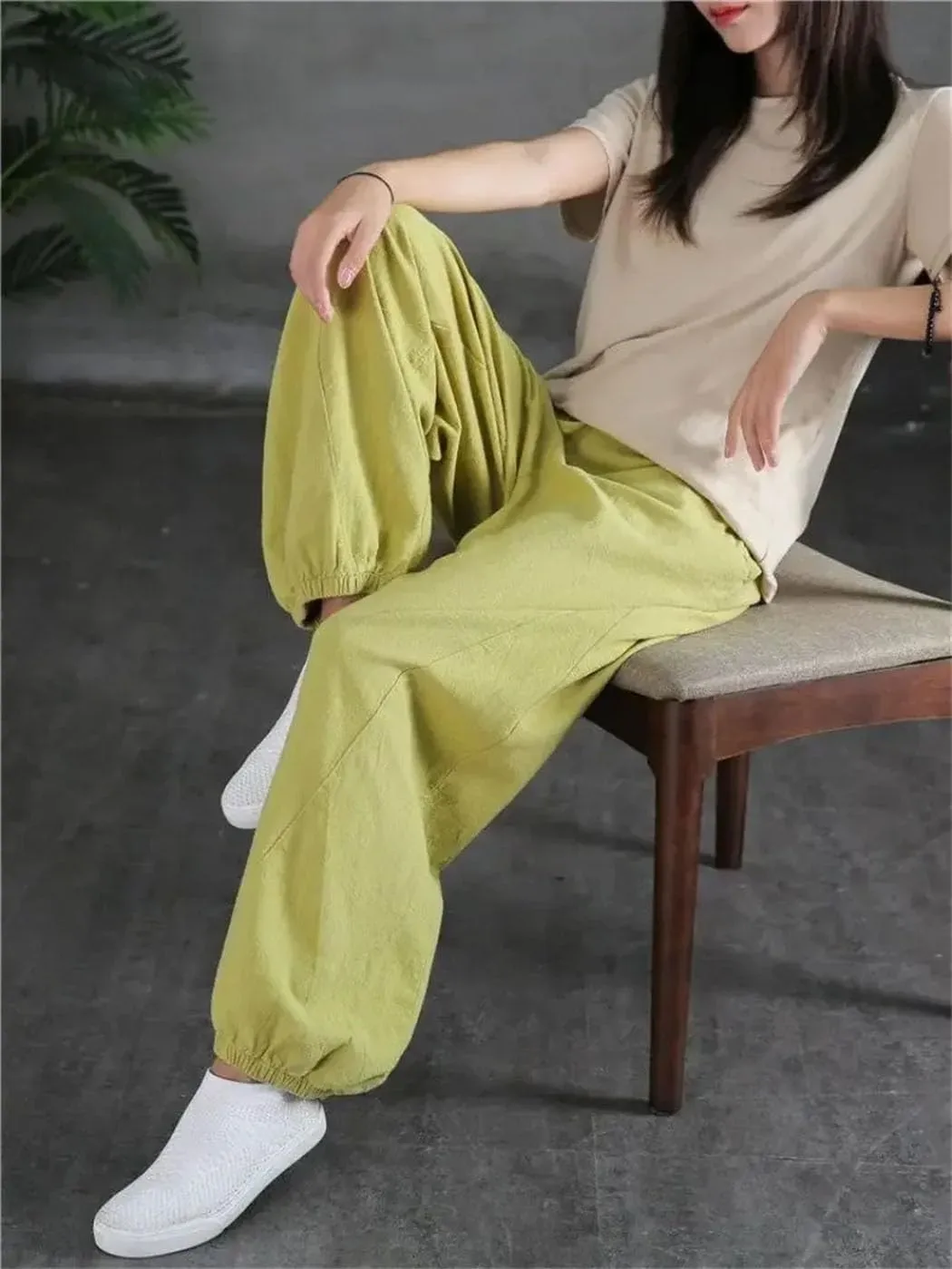Womens Korean Cotton Linen Bloomers High Waist Wide Leg Casual Elastic Ankle-Length Pants