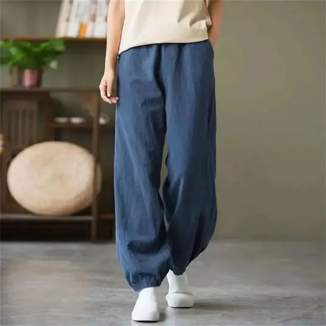 Womens Korean Cotton Linen Bloomers High Waist Wide Leg Casual Elastic Ankle-Length Pants