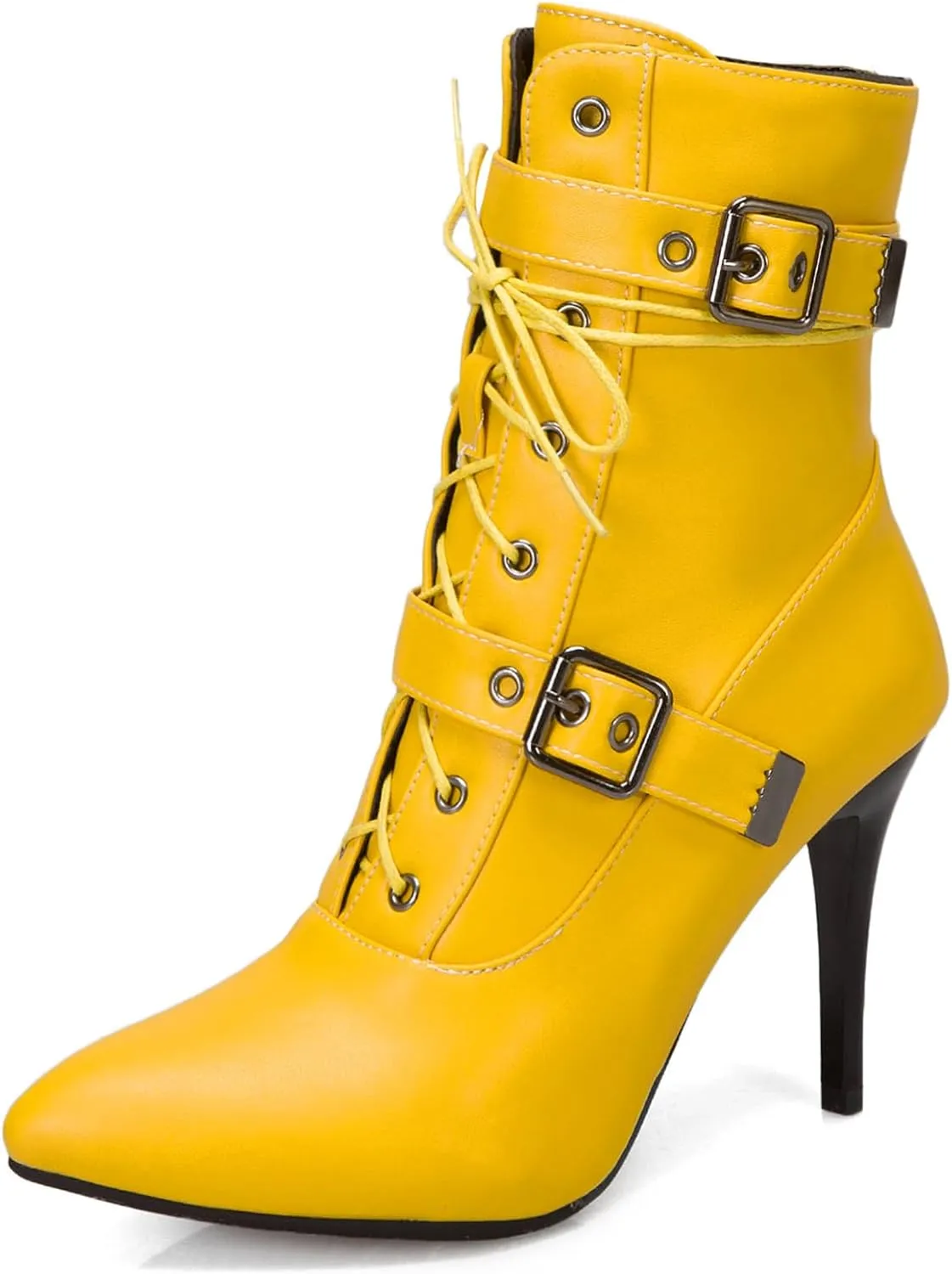 Women's Lace Up Stiletto Fashion Ankle Boots Sexy Pointed Toe Belt Buckle Side Zipper High Heel Booties Causal Party Prom Dress Boots