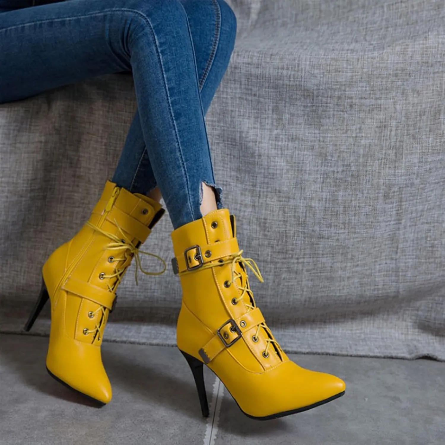 Women's Lace Up Stiletto Fashion Ankle Boots Sexy Pointed Toe Belt Buckle Side Zipper High Heel Booties Causal Party Prom Dress Boots