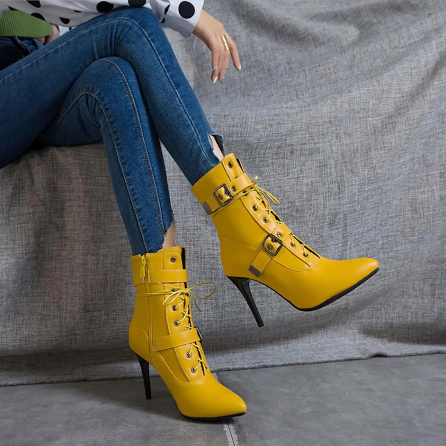 Women's Lace Up Stiletto Fashion Ankle Boots Sexy Pointed Toe Belt Buckle Side Zipper High Heel Booties Causal Party Prom Dress Boots