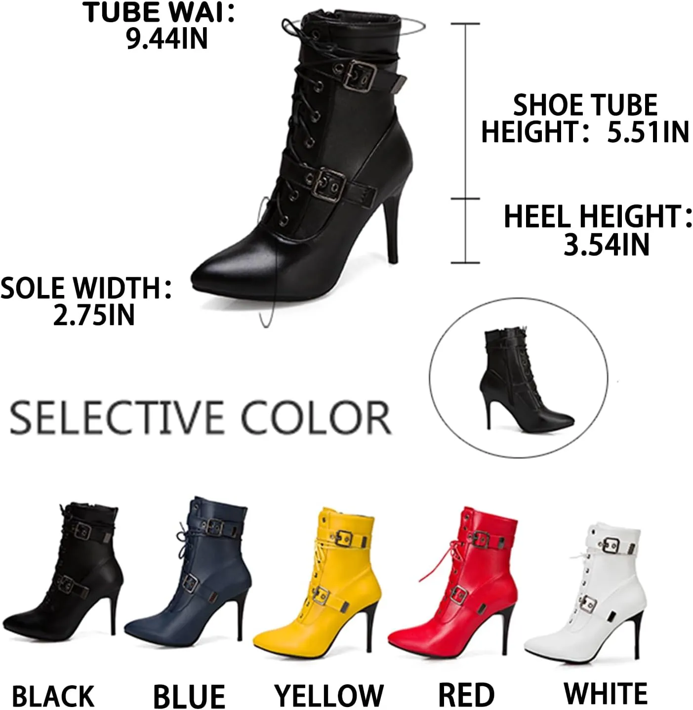 Women's Lace Up Stiletto Fashion Ankle Boots Sexy Pointed Toe Belt Buckle Side Zipper High Heel Booties Causal Party Prom Dress Boots