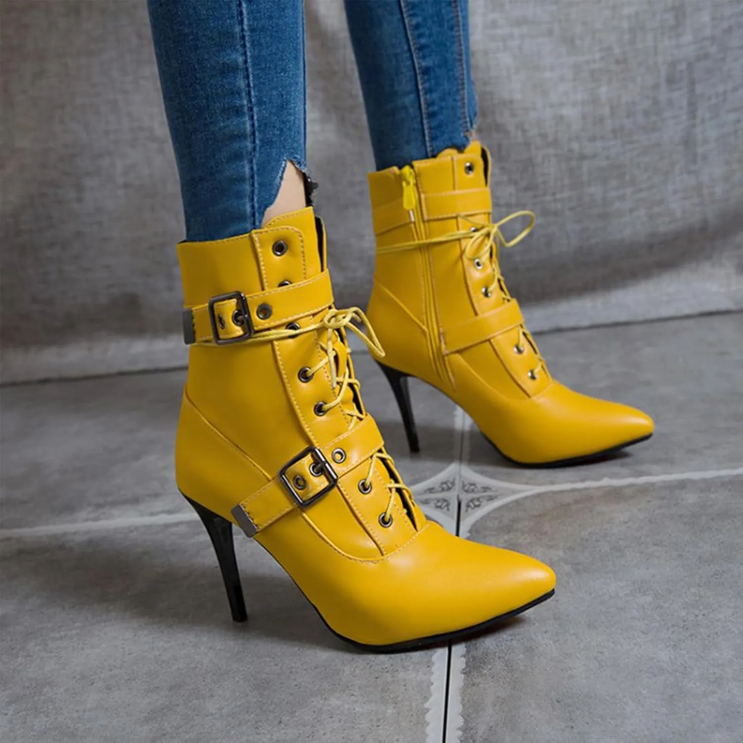 Women's Lace Up Stiletto Fashion Ankle Boots Sexy Pointed Toe Belt Buckle Side Zipper High Heel Booties Causal Party Prom Dress Boots