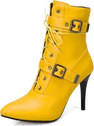 Women's Lace Up Stiletto Fashion Ankle Boots Sexy Pointed Toe Belt Buckle Side Zipper High Heel Booties Causal Party Prom Dress Boots
