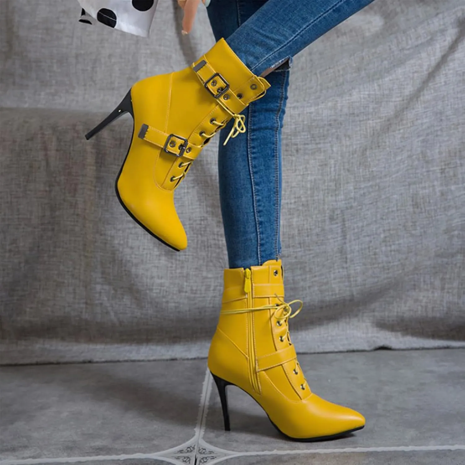 Women's Lace Up Stiletto Fashion Ankle Boots Sexy Pointed Toe Belt Buckle Side Zipper High Heel Booties Causal Party Prom Dress Boots
