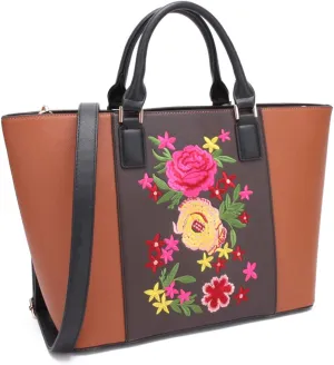 Womens Large Floral Embroidery Tote Handbag Two Tone Top Handle Bag Work Satchel Purse