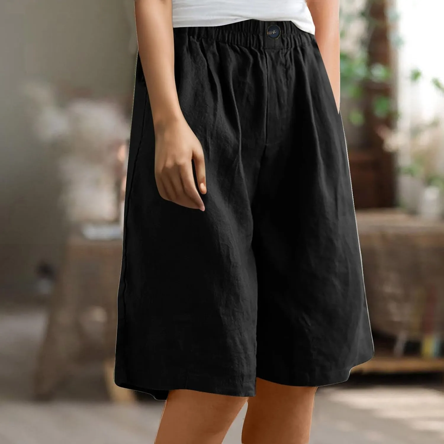 Womens Loose Wide Leg Bermuda Shorts Summer Comfy Elastic Waist Breathable Cotton Linen Knee Length Short Pants