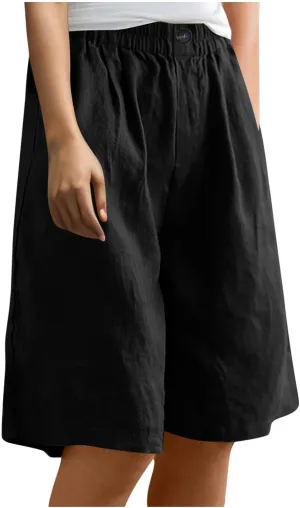 Womens Loose Wide Leg Bermuda Shorts Summer Comfy Elastic Waist Breathable Cotton Linen Knee Length Short Pants