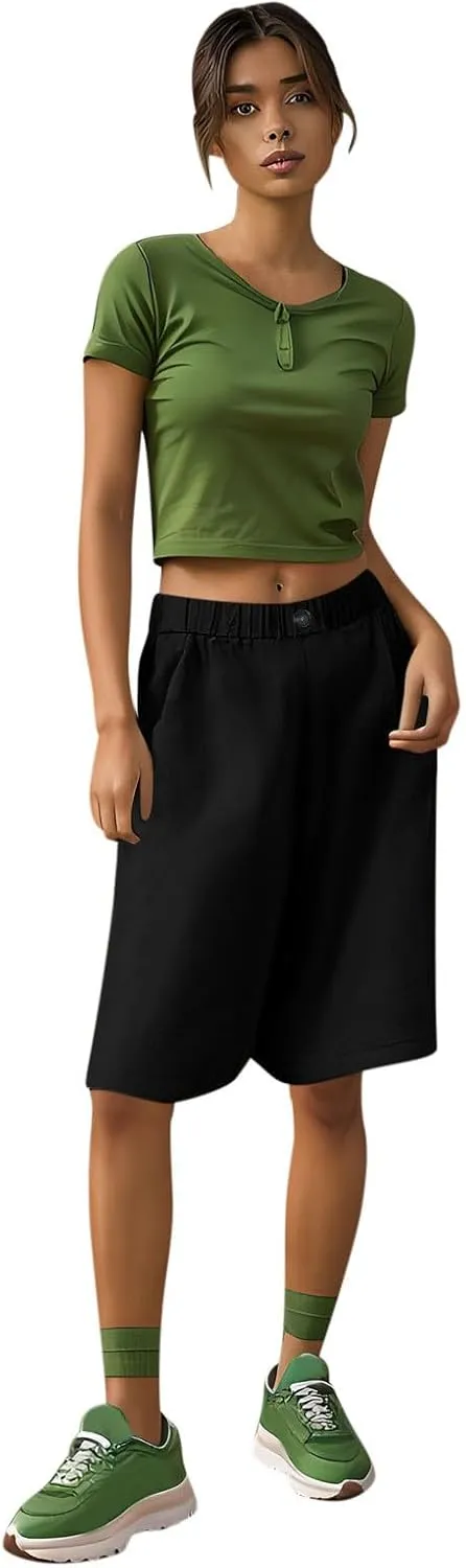 Womens Loose Wide Leg Bermuda Shorts Summer Comfy Elastic Waist Breathable Cotton Linen Knee Length Short Pants