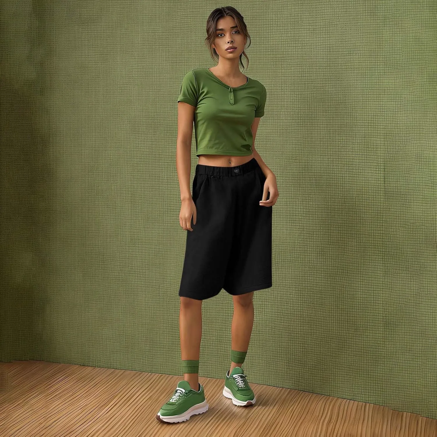 Womens Loose Wide Leg Bermuda Shorts Summer Comfy Elastic Waist Breathable Cotton Linen Knee Length Short Pants